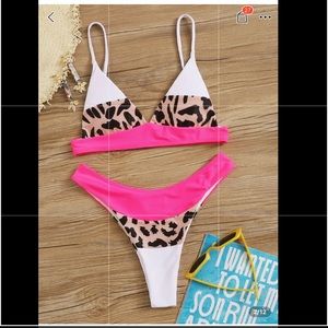 Pink color block leopard bikini